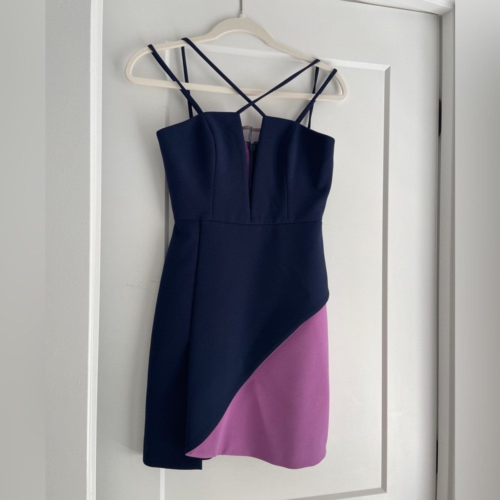 BCBGMaxAzria Blue and Pink Asymmetrical Sheath Dress